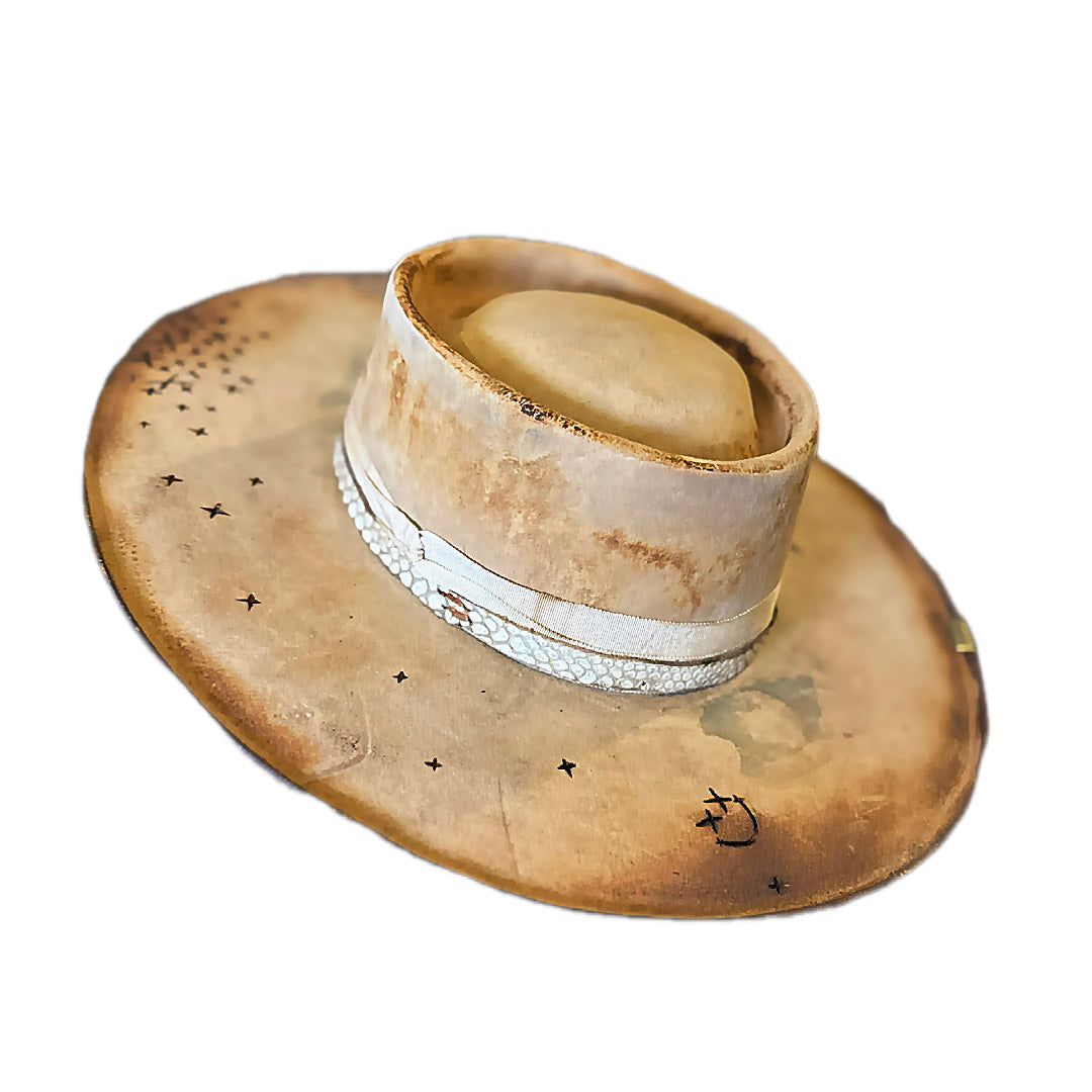 Rusty Distressed Wide Brim Fur Felt Hat with natural porcupine quill detail
