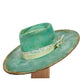 Hand-Dyed Distressed Wide Brim Rabbit and Beaver Blend Fur Felt Hat in sage and seafoam tones
