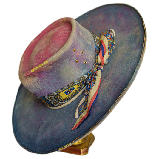 Hand-dyed pink and blue wide brim fur felt hat with paisley ribbon band