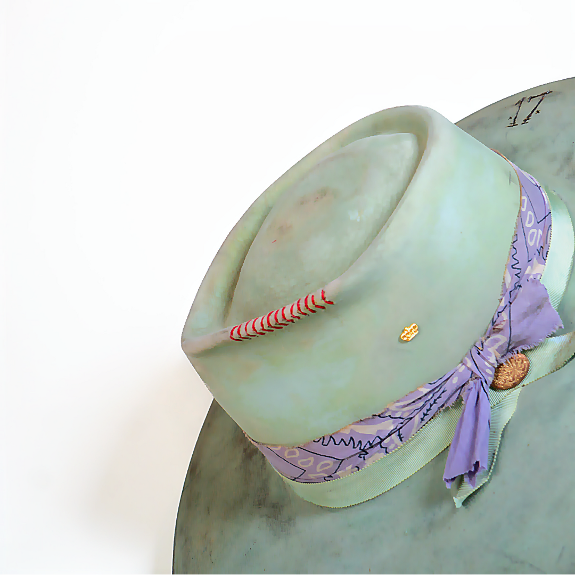 Sylvie Distressed Wide Brim Fur Felt Hat with lavender-toned fabric band detail
