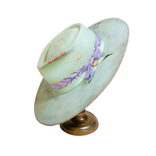 Sylvie Distressed Wide Brim Rabbit and Beaver Blend Fur Felt Hat in pale mint and sea-glass tones
