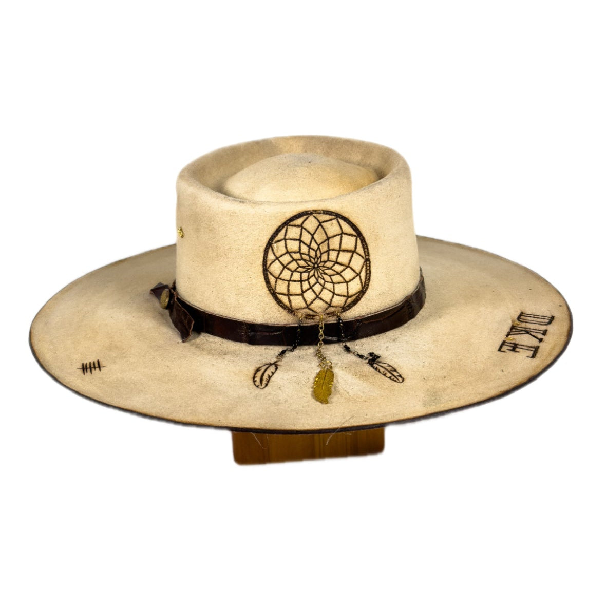 Vera Distressed Wide Brim Fur Felt Hat with hand-burned dreamcatcher motif
