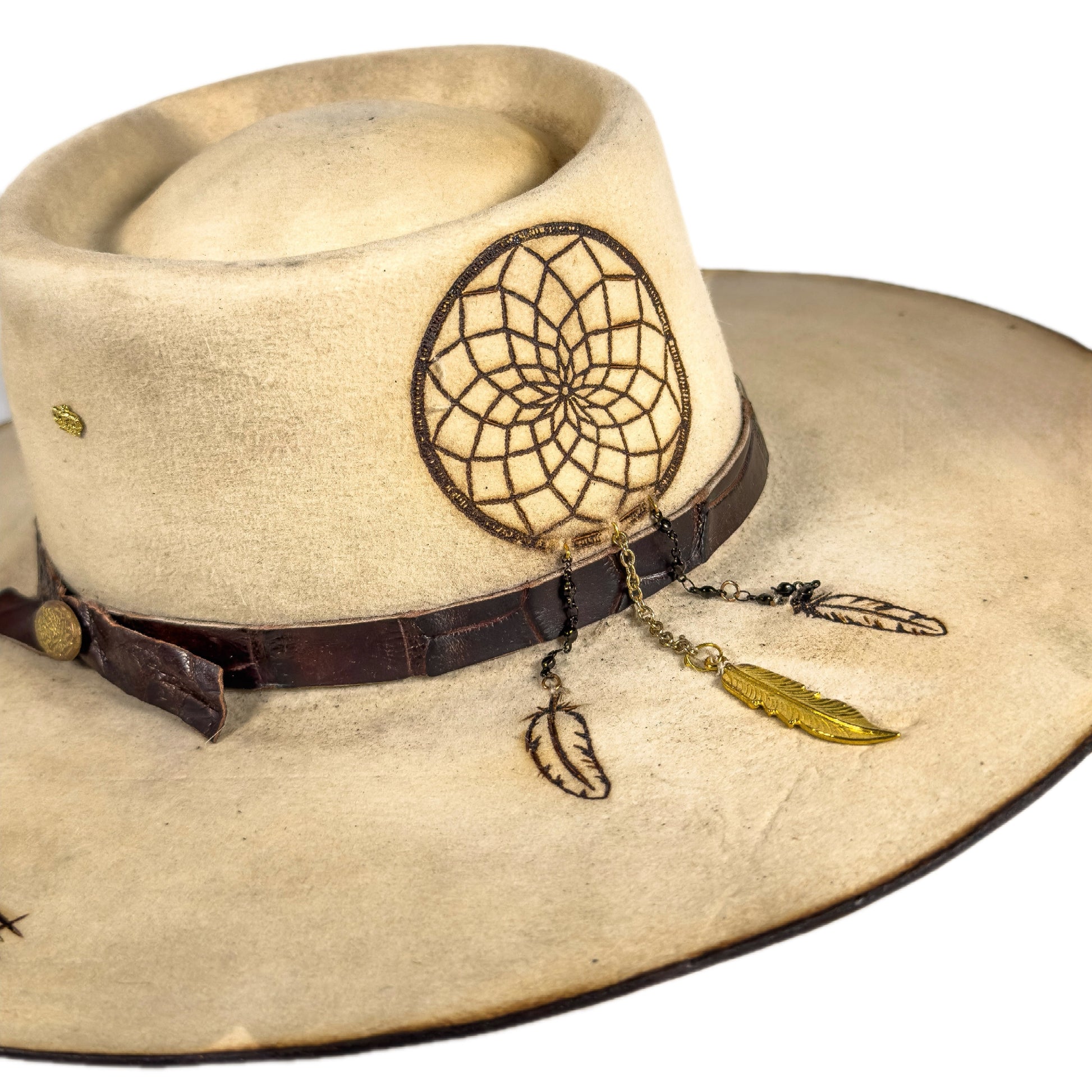 Vera Distressed Wide Brim Fur Felt Hat with feather detailing and symbolic artwork
